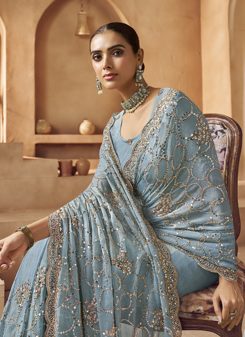 Sky Blue Tissue Silk Designer Blouse Party Wear Saree