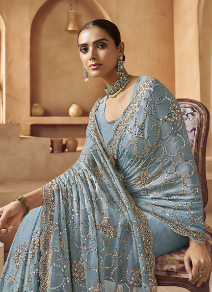 Sky Blue Tissue Silk Designer Blouse Party Wear Saree