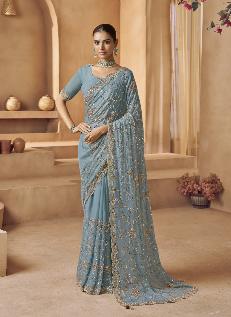 Sky Blue Tissue Silk Designer Blouse Party Wear Saree