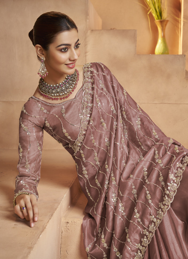 Mauve Tissue Silk Designer Blouse Party Wear Saree