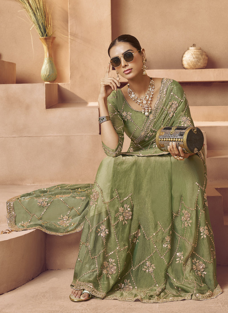 Olive Tissue Silk Designer Blouse Party Wear Saree