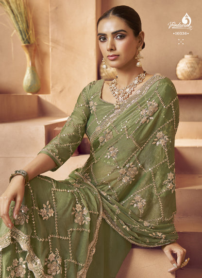 Olive Tissue Silk Designer Blouse Party Wear Saree