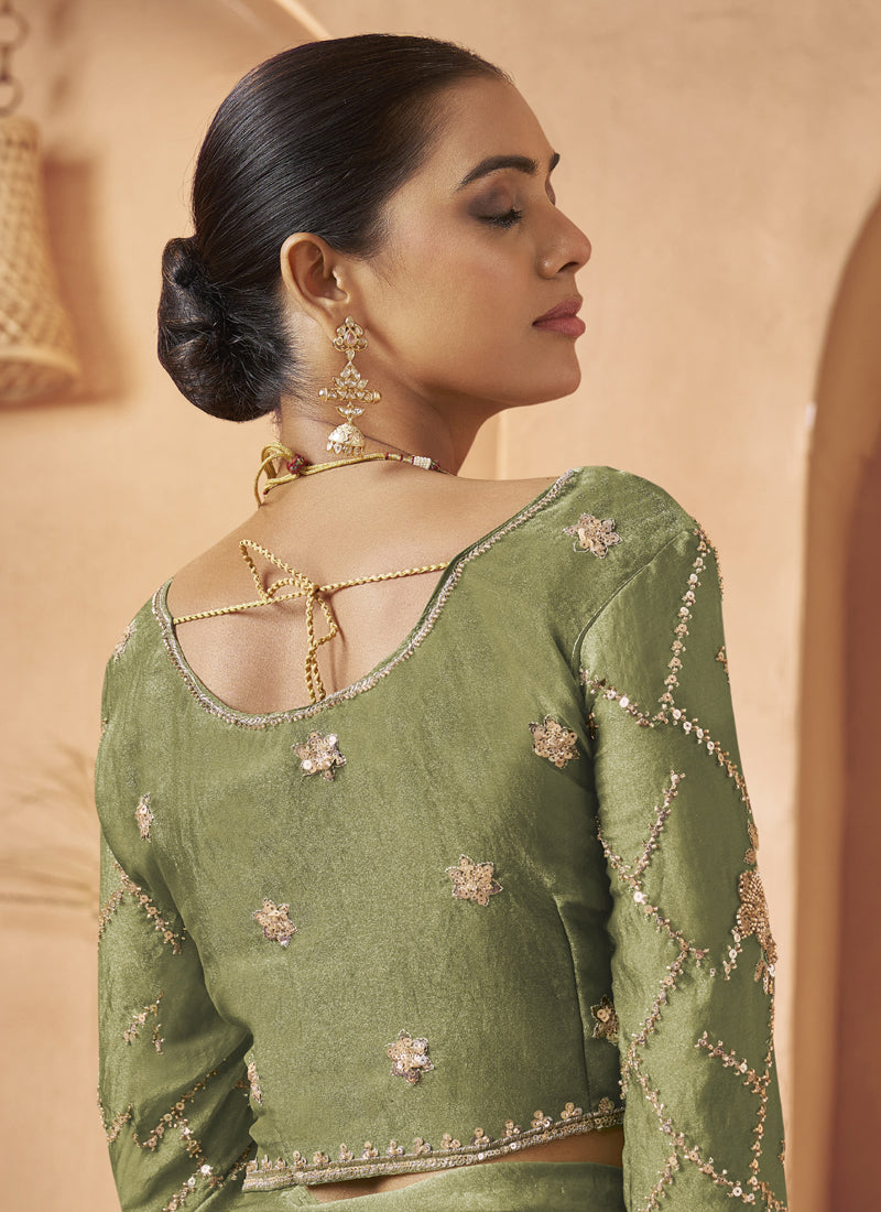 Olive Tissue Silk Designer Blouse Party Wear Saree