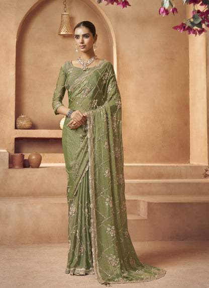 Olive Tissue Silk Designer Blouse Party Wear Saree
