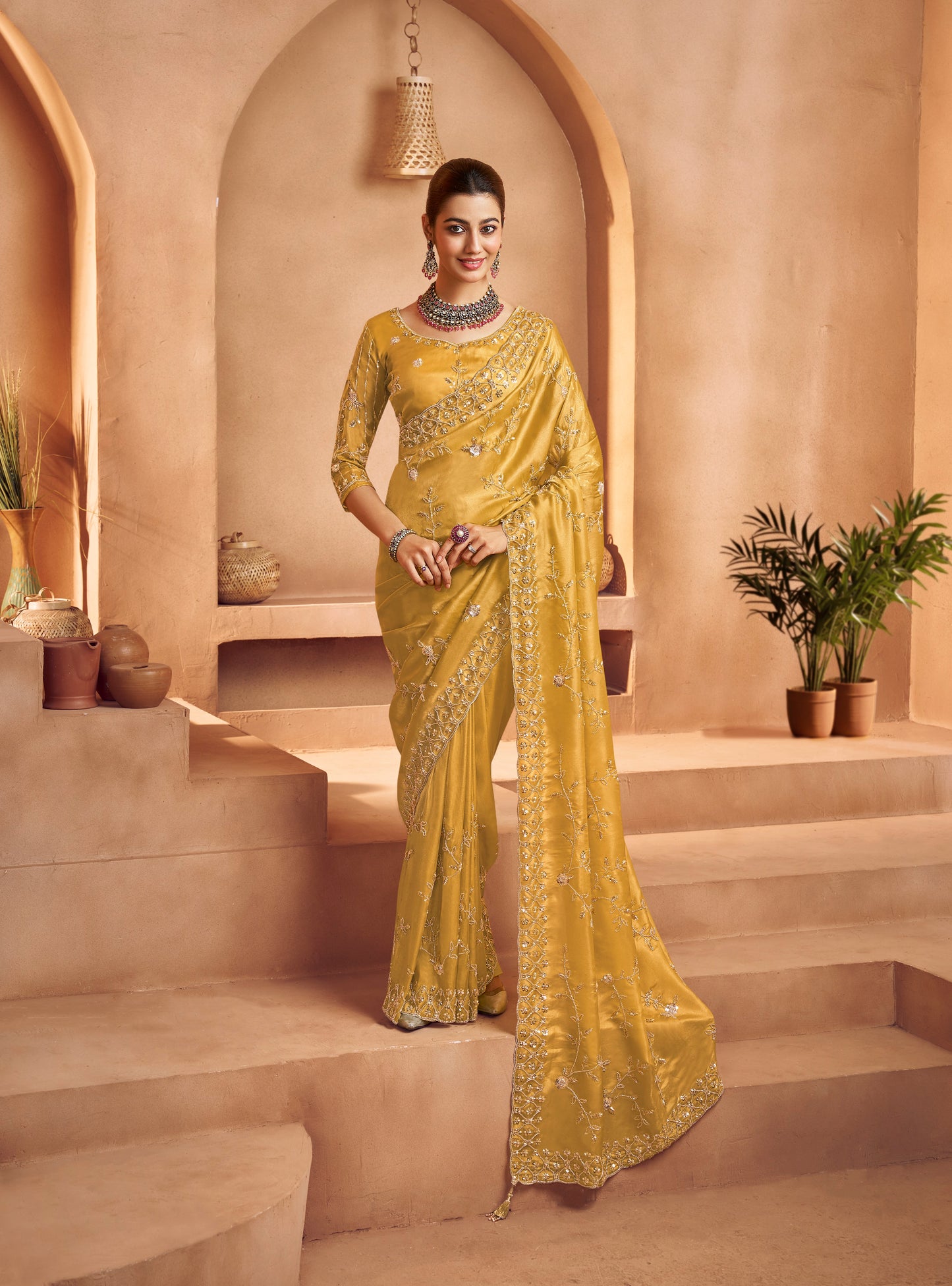 Mustard Tissue Silk Designer Blouse Party Wear Saree