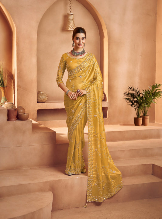 Mustard Tissue Silk Designer Blouse Party Wear Saree
