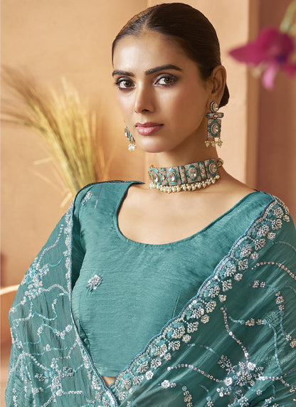Turquoise Tissue Silk Designer Blouse Party Wear Saree
