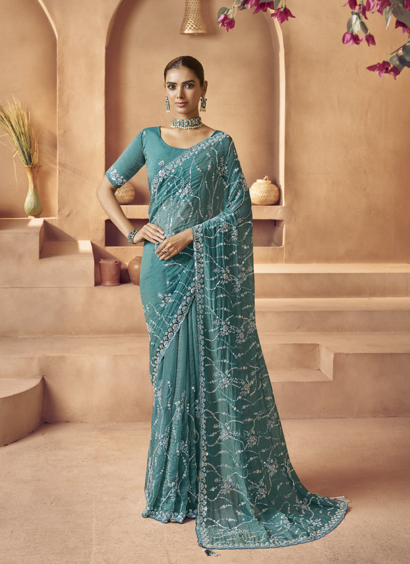 Turquoise Tissue Silk Designer Blouse Party Wear Saree