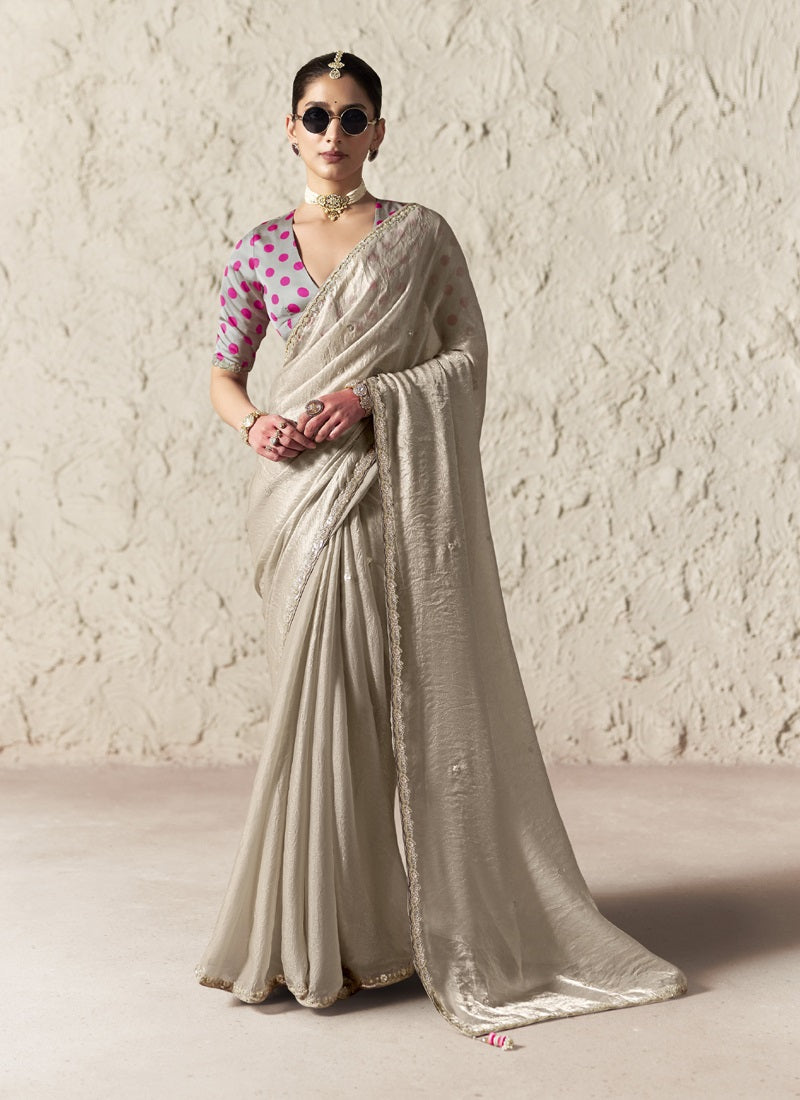 Fancy Glass Tissue Organza Saree with Sequins & Dhaga Embroidery Work Designer Saree