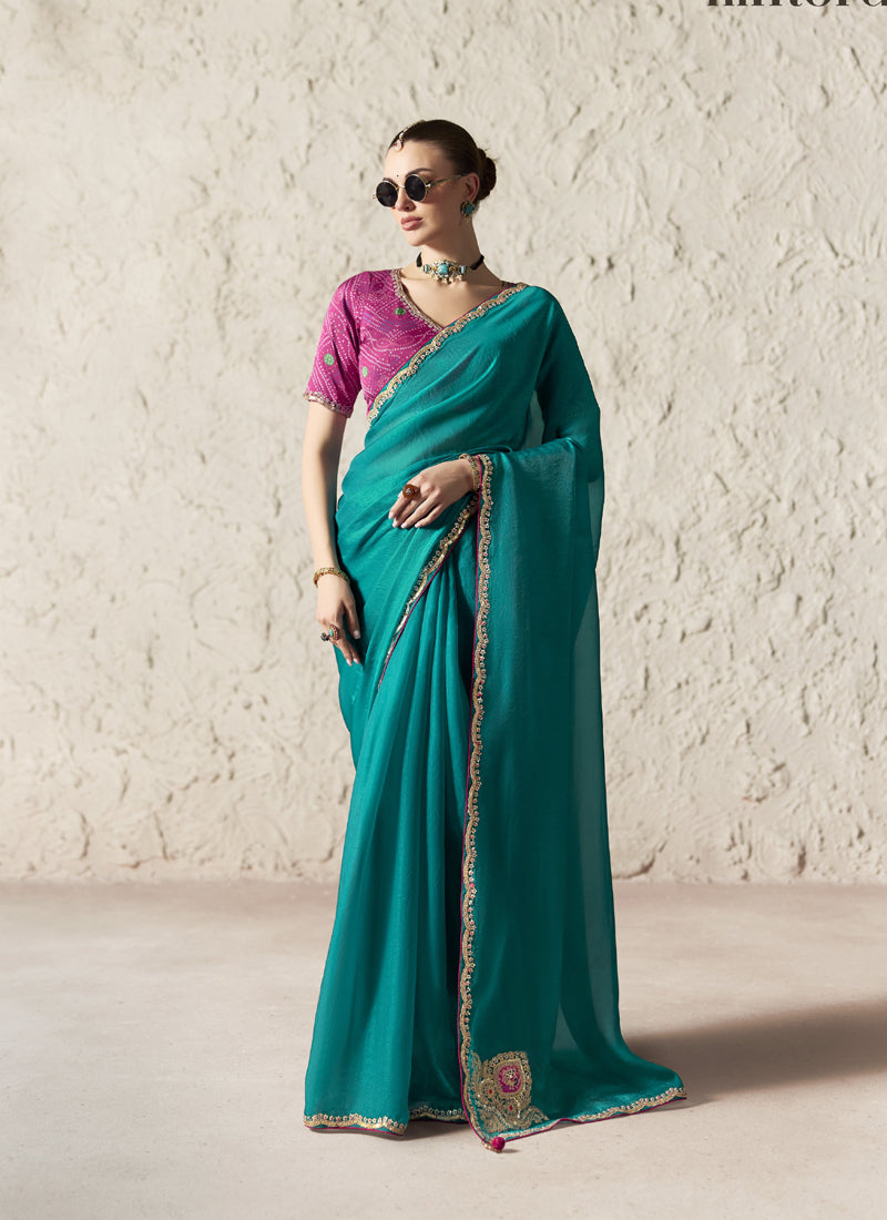 Fancy Glass Tissue Organza Saree with Sequins & Dhaga Embroidery Work Designer Saree