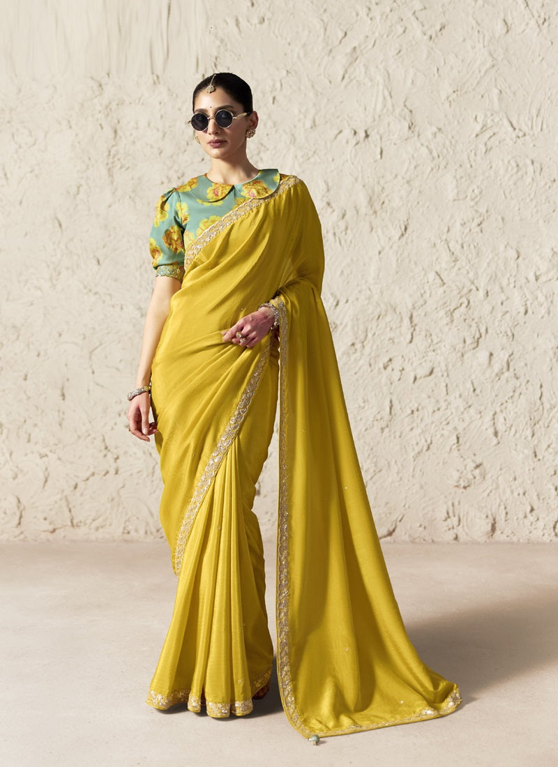 Fancy Glass Tissue Organza Saree with Sequins & Dhaga Embroidery Work Designer Saree