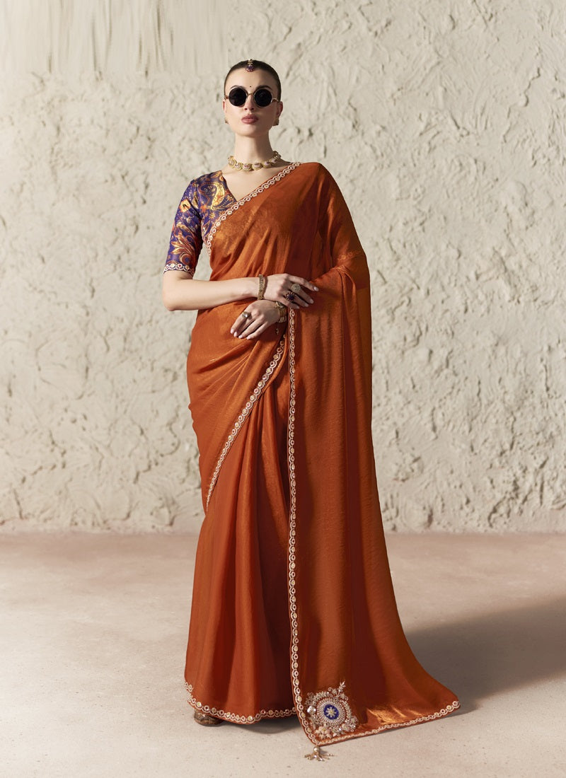 Fancy Glass Tissue Organza Saree with Sequins & Dhaga Embroidery Work Designer Saree