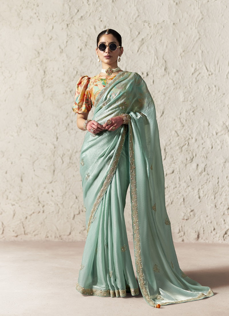 Fancy Glass Tissue Organza Saree with Sequins & Dhaga Embroidery Work Designer Saree