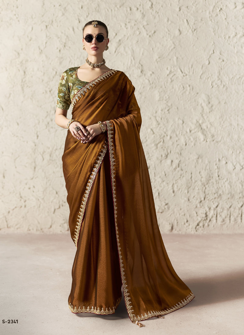 Fancy Glass Tissue Organza Saree with Sequins & Dhaga Embroidery Work Designer Saree