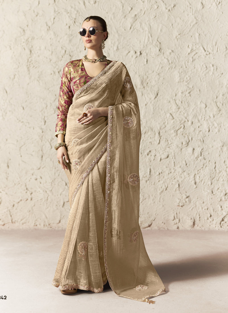 Fancy Glass Tissue Organza Saree with Sequins & Dhaga Embroidery Work Designer Saree