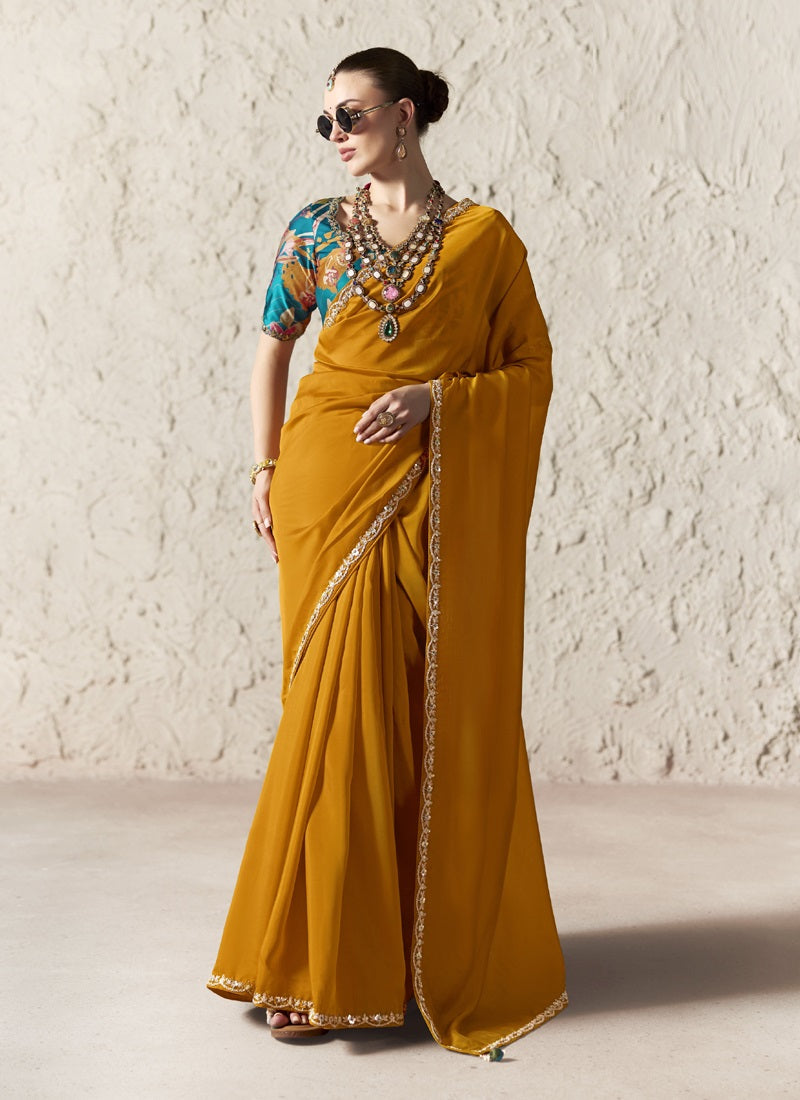 Fancy Glass Tissue Organza Saree with Sequins & Dhaga Embroidery Work Designer Saree
