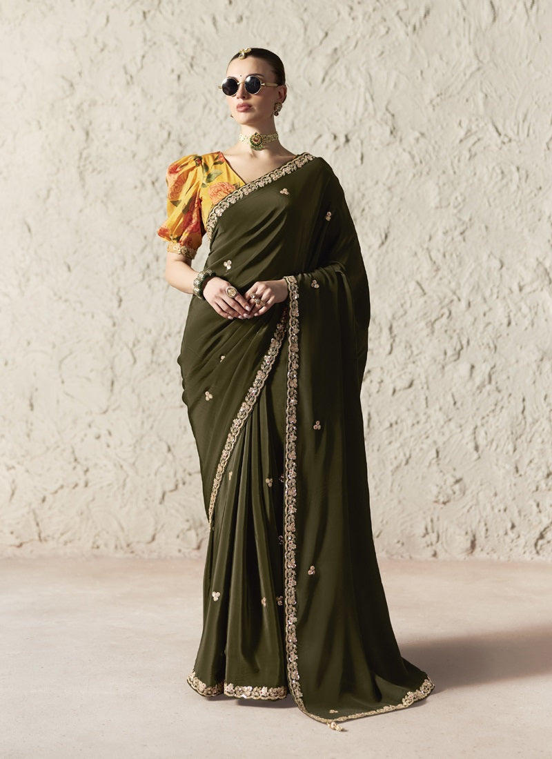 Fancy Glass Tissue Organza Saree with Sequins & Dhaga Embroidery Work Designer Saree