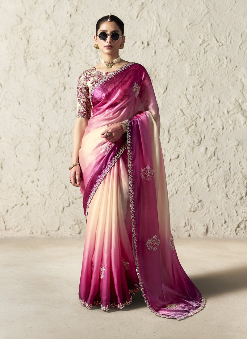 Fancy Glass Tissue Organza Saree with Sequins & Dhaga Embroidery Work Designer Saree
