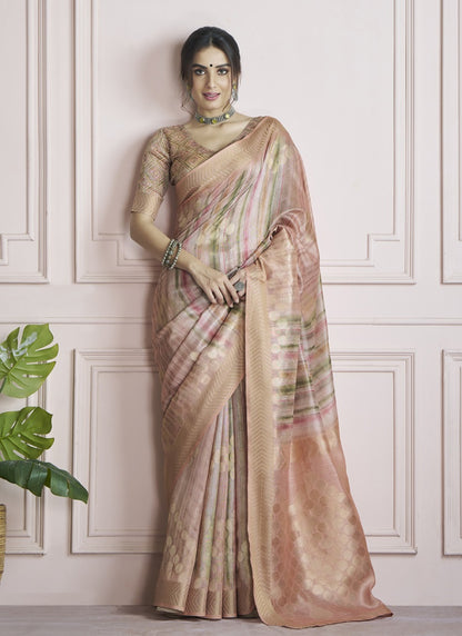 Peach Handloom Khadi Silk With Digital Print With Zari Border Casual Wear Saree