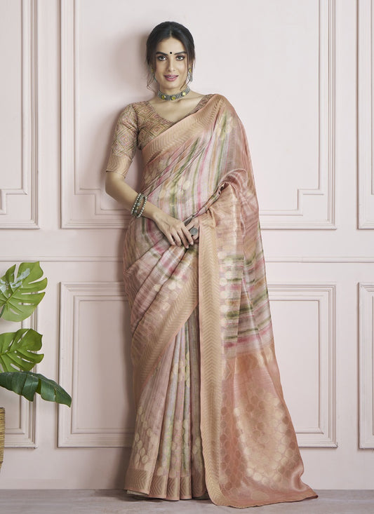 Peach Handloom Khadi Silk With Digital Print With Zari Border Casual Wear Saree