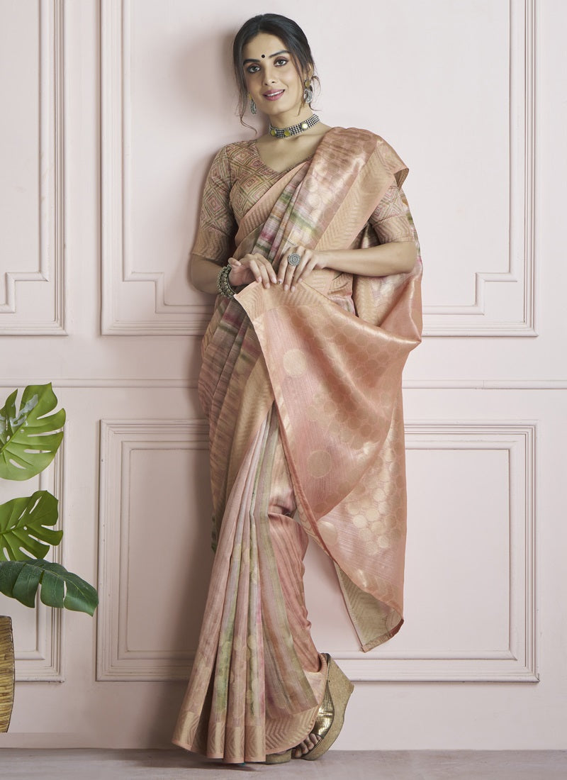 Peach Handloom Khadi Silk With Digital Print With Zari Border Casual Wear Saree