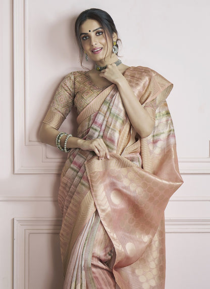 Peach Handloom Khadi Silk With Digital Print With Zari Border Casual Wear Saree