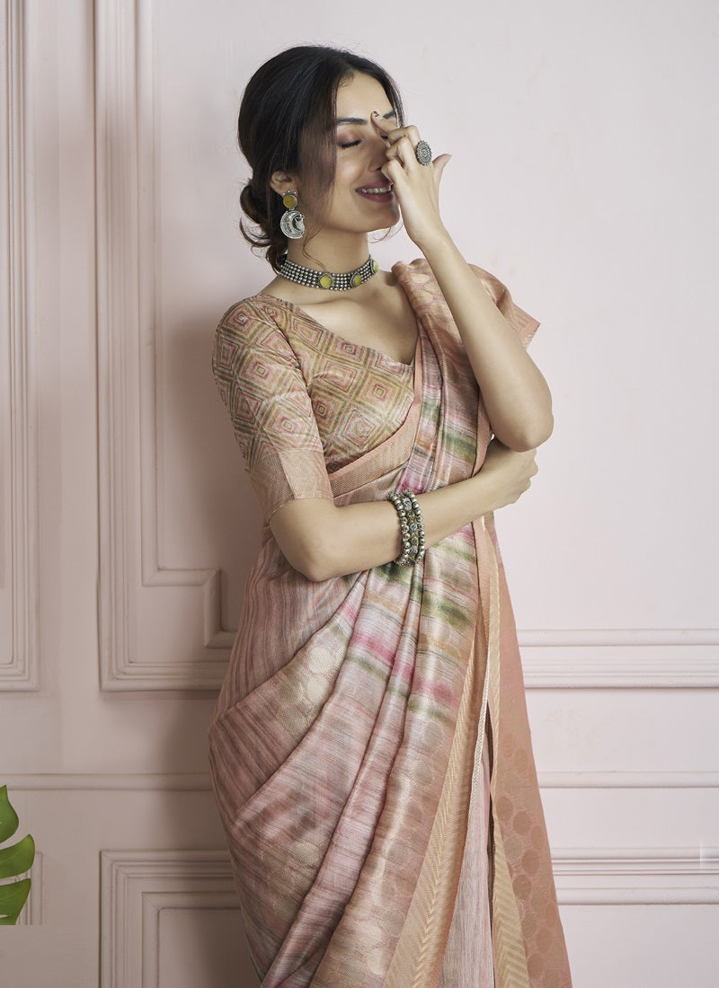 Peach Handloom Khadi Silk With Digital Print With Zari Border Casual Wear Saree