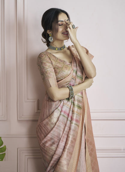 Peach Handloom Khadi Silk With Digital Print With Zari Border Casual Wear Saree