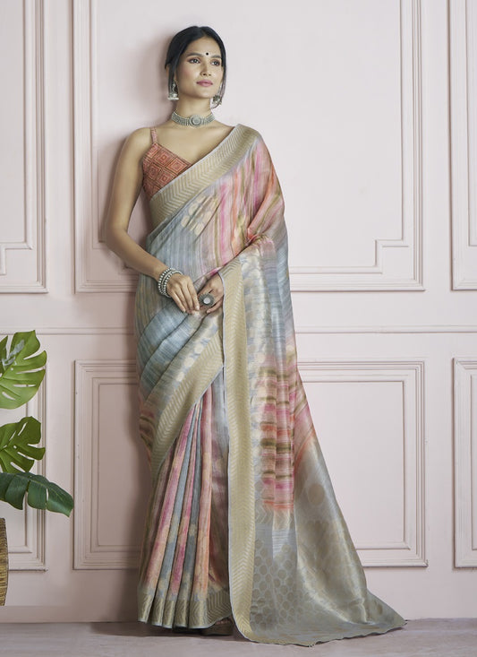 Multicolor Handloom Khadi Silk With Digital Print With Zari Border Casual Wear Saree