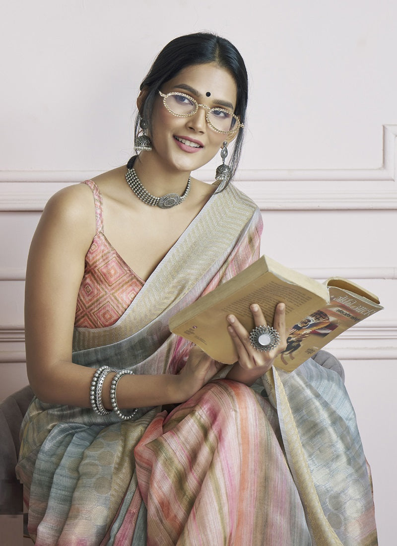 Multicolor Handloom Khadi Silk With Digital Print With Zari Border Casual Wear Saree