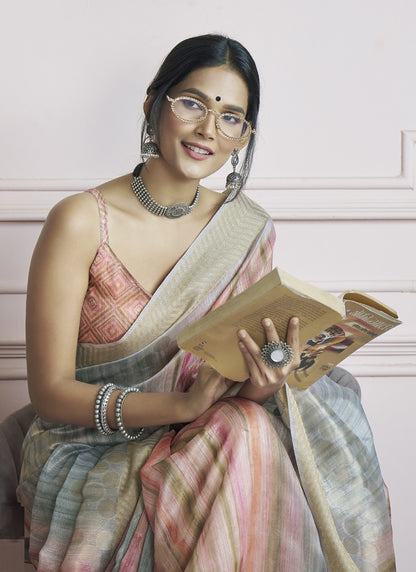 Multicolor Handloom Khadi Silk With Digital Print With Zari Border Casual Wear Saree