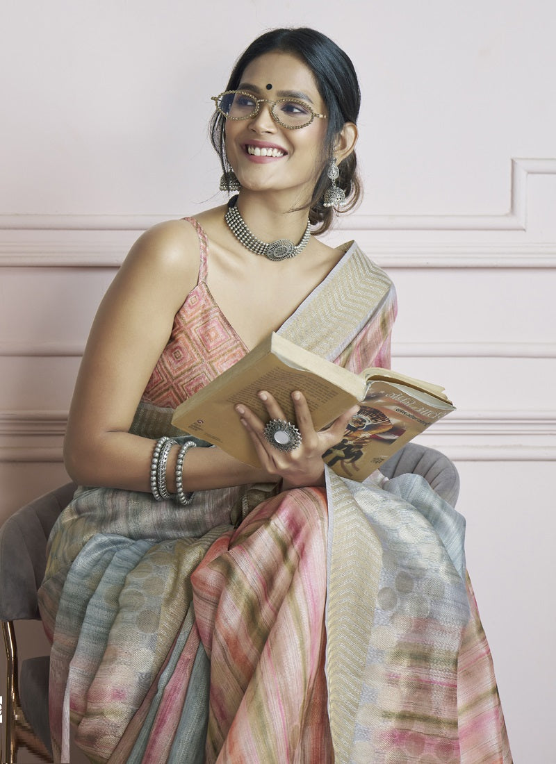 Multicolor Handloom Khadi Silk With Digital Print With Zari Border Casual Wear Saree