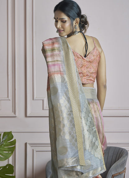 Multicolor Handloom Khadi Silk With Digital Print With Zari Border Casual Wear Saree