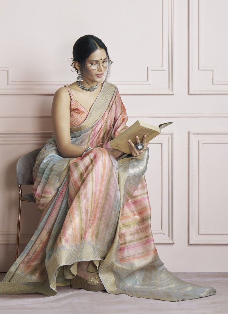 Multicolor Handloom Khadi Silk With Digital Print With Zari Border Casual Wear Saree