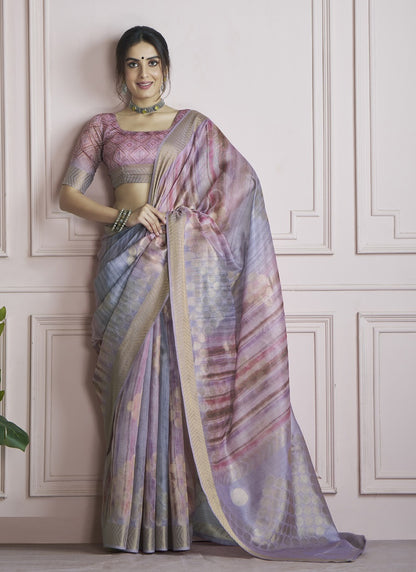 Multicolor Handloom Khadi Silk With Digital Print With Zari Border Casual Wear Saree