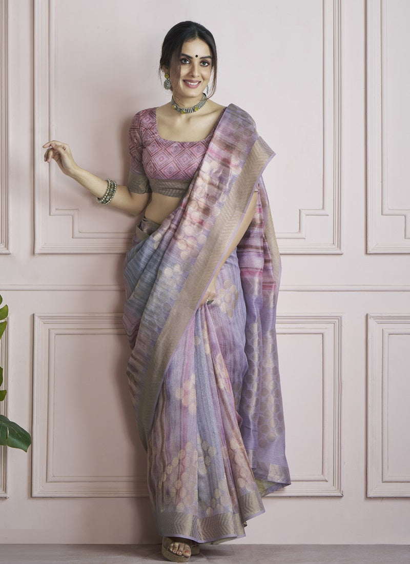 Multicolor Handloom Khadi Silk With Digital Print With Zari Border Casual Wear Saree