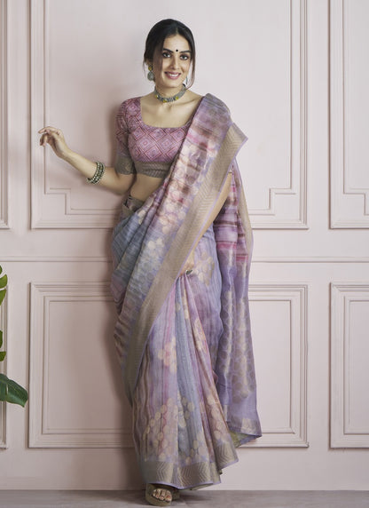 Multicolor Handloom Khadi Silk With Digital Print With Zari Border Casual Wear Saree