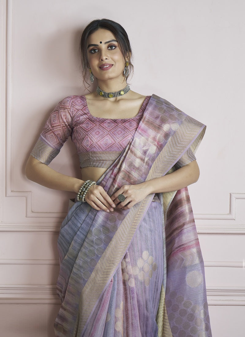 Multicolor Handloom Khadi Silk With Digital Print With Zari Border Casual Wear Saree