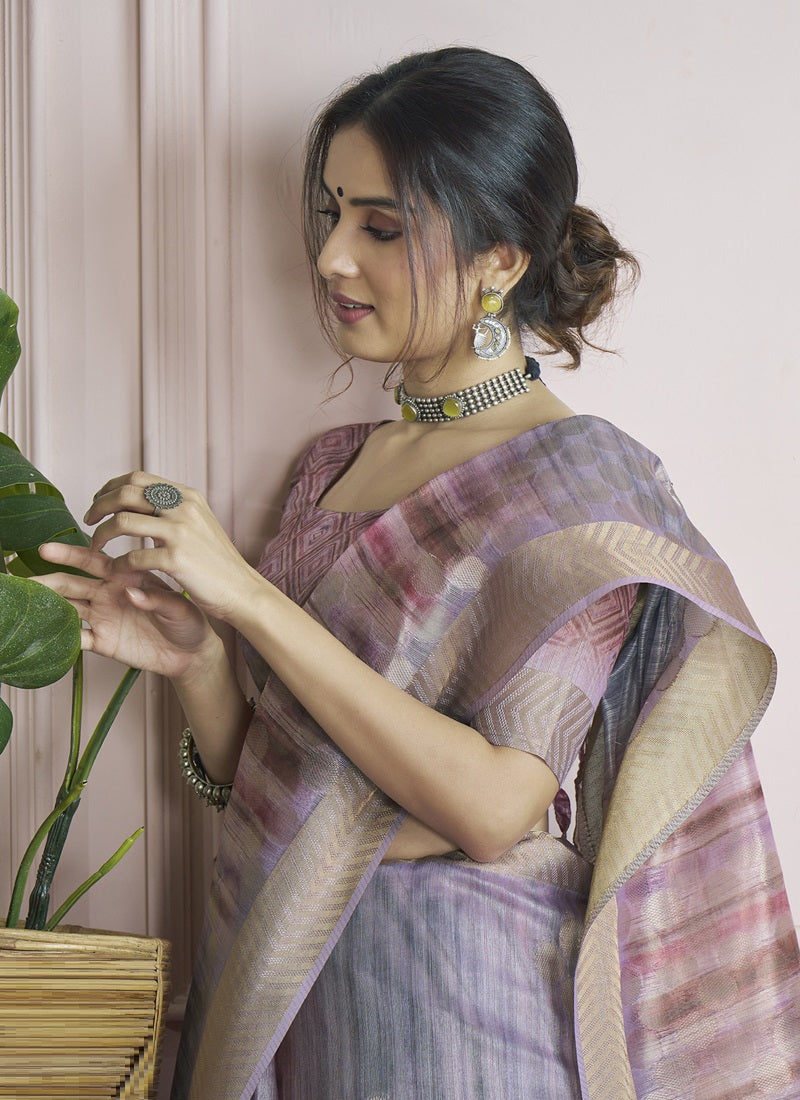 Multicolor Handloom Khadi Silk With Digital Print With Zari Border Casual Wear Saree