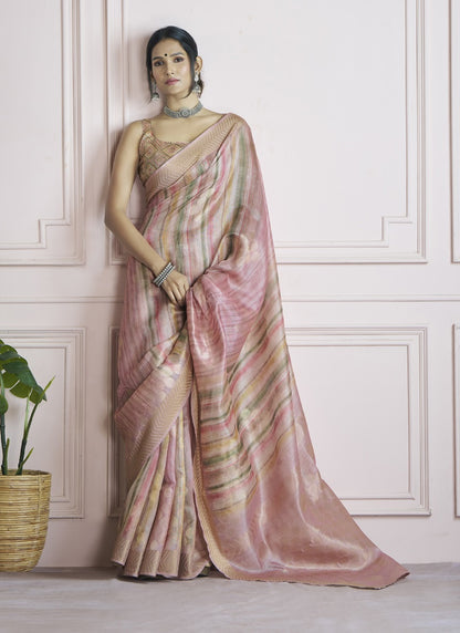 Peach Handloom Khadi Silk With Digital Print With Zari Border Casual Wear Saree