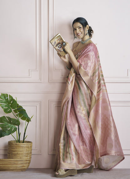 Peach Handloom Khadi Silk With Digital Print With Zari Border Casual Wear Saree