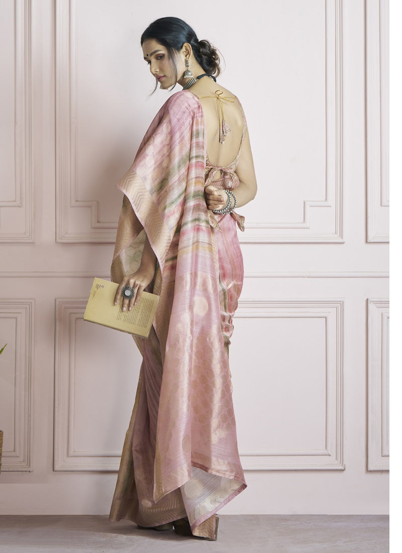 Peach Handloom Khadi Silk With Digital Print With Zari Border Casual Wear Saree