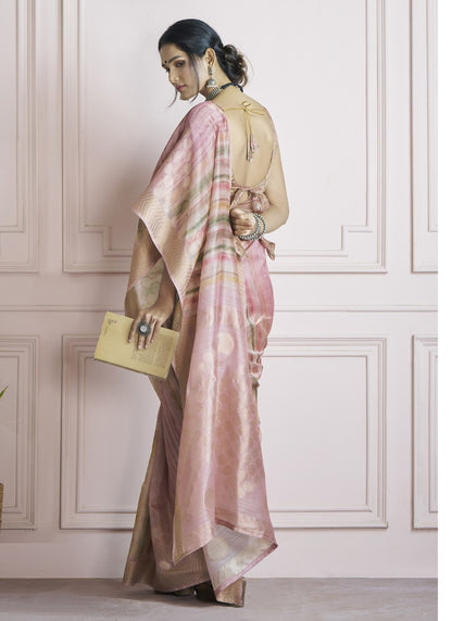 Peach Handloom Khadi Silk With Digital Print With Zari Border Casual Wear Saree