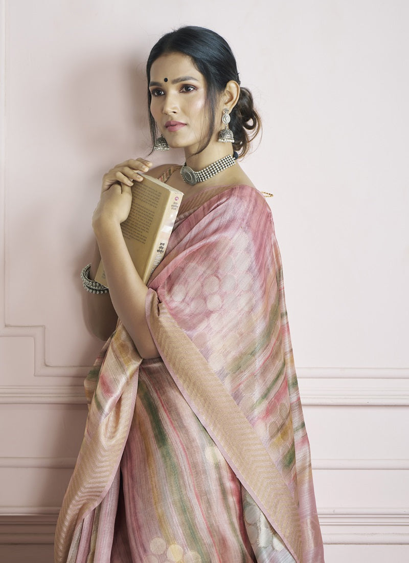 Peach Handloom Khadi Silk With Digital Print With Zari Border Casual Wear Saree