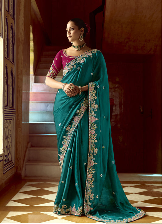 Sky Blue Tissue Silk Designer Blouse Saree