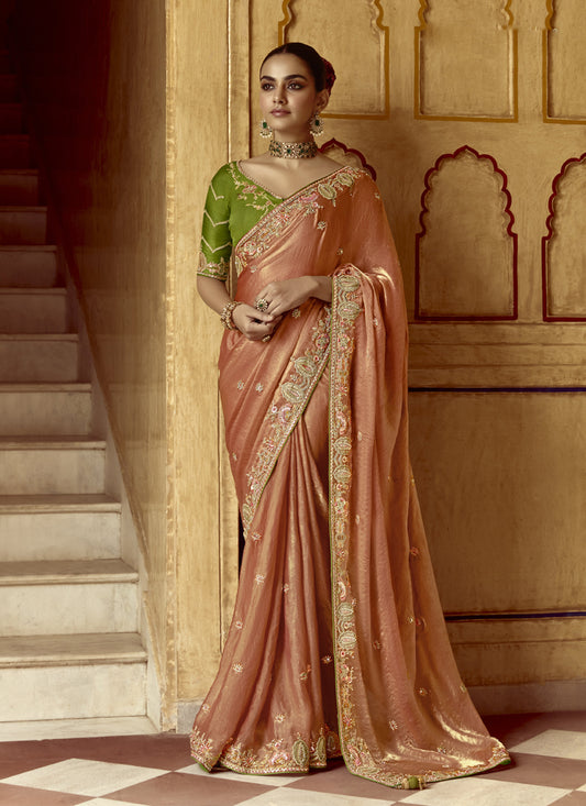 Rust Tissue Silk Sequins Designer Blouse Saree