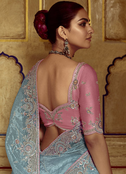 Sky Blue Tissue Silk Designer Blouse Saree