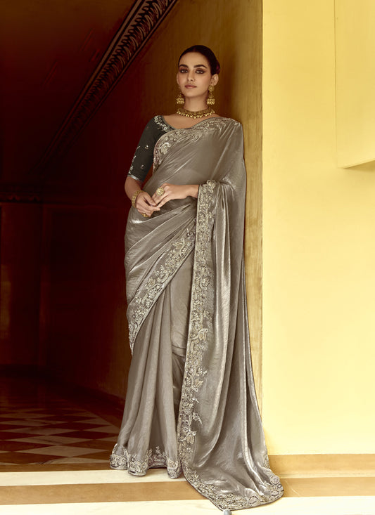 Gray Tissue Silk Designer Blouse Saree