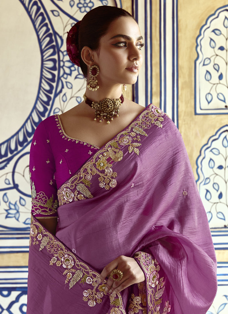Lavender Tissue Silk Designer Blouse Saree