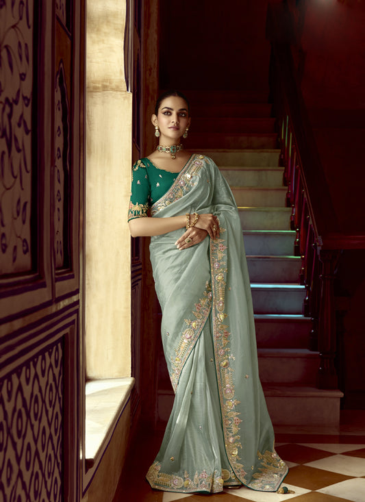 Light Turquoise Tissue Silk Designer Blouse Saree